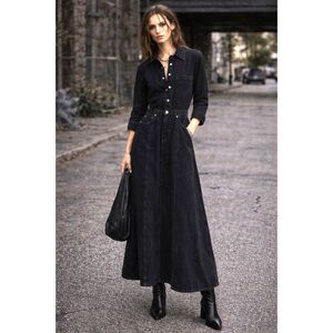 NWT  HAIKURE Black Long Sleeve Denim Button Up Maxi Dress  Women's Size XS